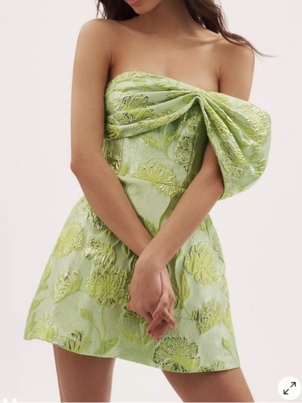 Dress the Population Olive Off the Shoulder Jacquard Mini Dress in Lemongrass